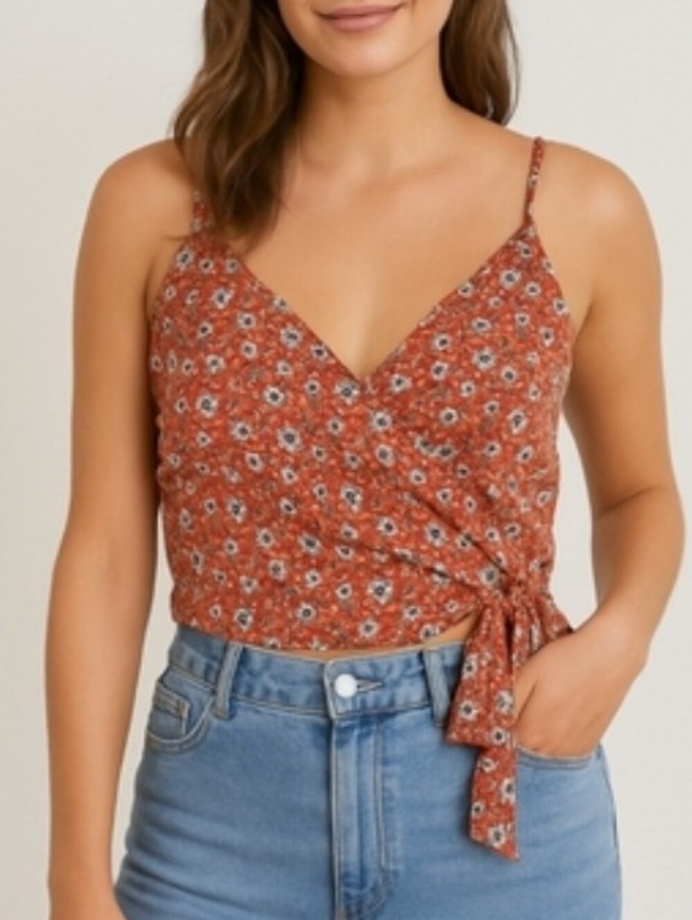 Band of Gypsies Rust Floral Wrap Crop Top